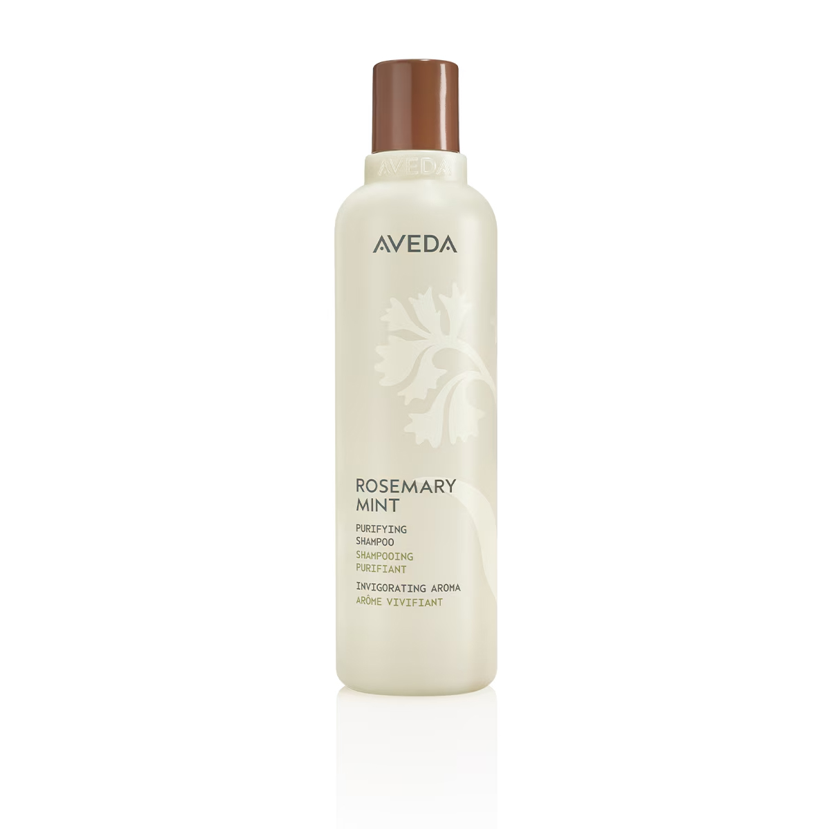 Beige cylindrical bottle of Rosemary Mint Shampoo with a brown cap and a floral graphic. - SAAB Salon Spa | Ottawa On, Canada