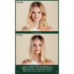 Before and after comparison of hair using Rosemary Mint Shampoo: unwashed hair on top, and smooth, styled hair on the bottom. - SAAB Salon Spa | Ottawa On, Canada