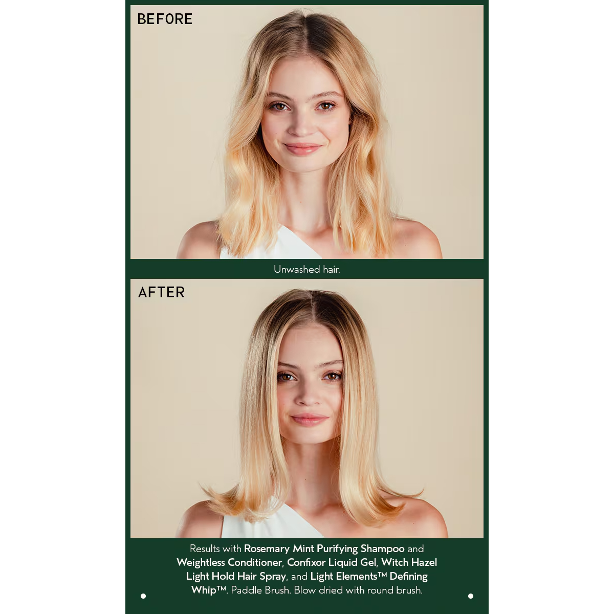 Before and after comparison of hair using Rosemary Mint Shampoo: unwashed hair on top, and smooth, styled hair on the bottom. - SAAB Salon Spa | Ottawa On, Canada
