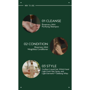 Three-step hair care routine: 01 Cleanse with Rosemary Mint Shampoo, 02 Condition, and 03 Style using hair spray and whip. - SAAB Salon Spa | Ottawa On, Canada