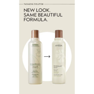 Before and after image of Rosemary Mint Shampoo bottle packaging featuring updated text and branding. - SAAB Salon Spa | Ottawa On, Canada