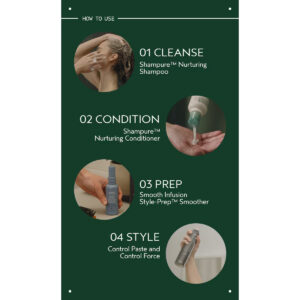 Infographic showing four hair care steps using Shampure Nurturing Shampoo: 01 Cleanse, 02 Condition, 03 Prep with styling cream, and 04 Style with hair spray, each with a circular application photo. - SAAB Salon Spa | Ottawa On, Canada