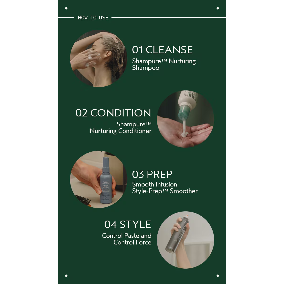 Infographic showing four hair care steps using Shampure Nurturing Shampoo: 01 Cleanse, 02 Condition, 03 Prep with styling cream, and 04 Style with hair spray, each with a circular application photo. - SAAB Salon Spa | Ottawa On, Canada