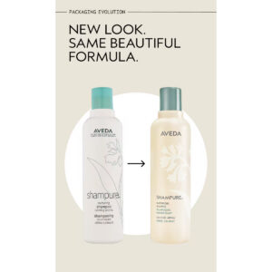 A side-by-side comparison of old and new Shampure Nurturing Shampoo bottle packaging, with the text “New look. Same beautiful formula.” above. - SAAB Salon Spa | Ottawa On, Canada