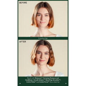 Before and after comparison of a woman with shoulder-length hair, showing unwashed hair compared to blow-dried hair styled with Shampure Nurturing Shampoo. - SAAB Salon Spa | Ottawa On, Canada