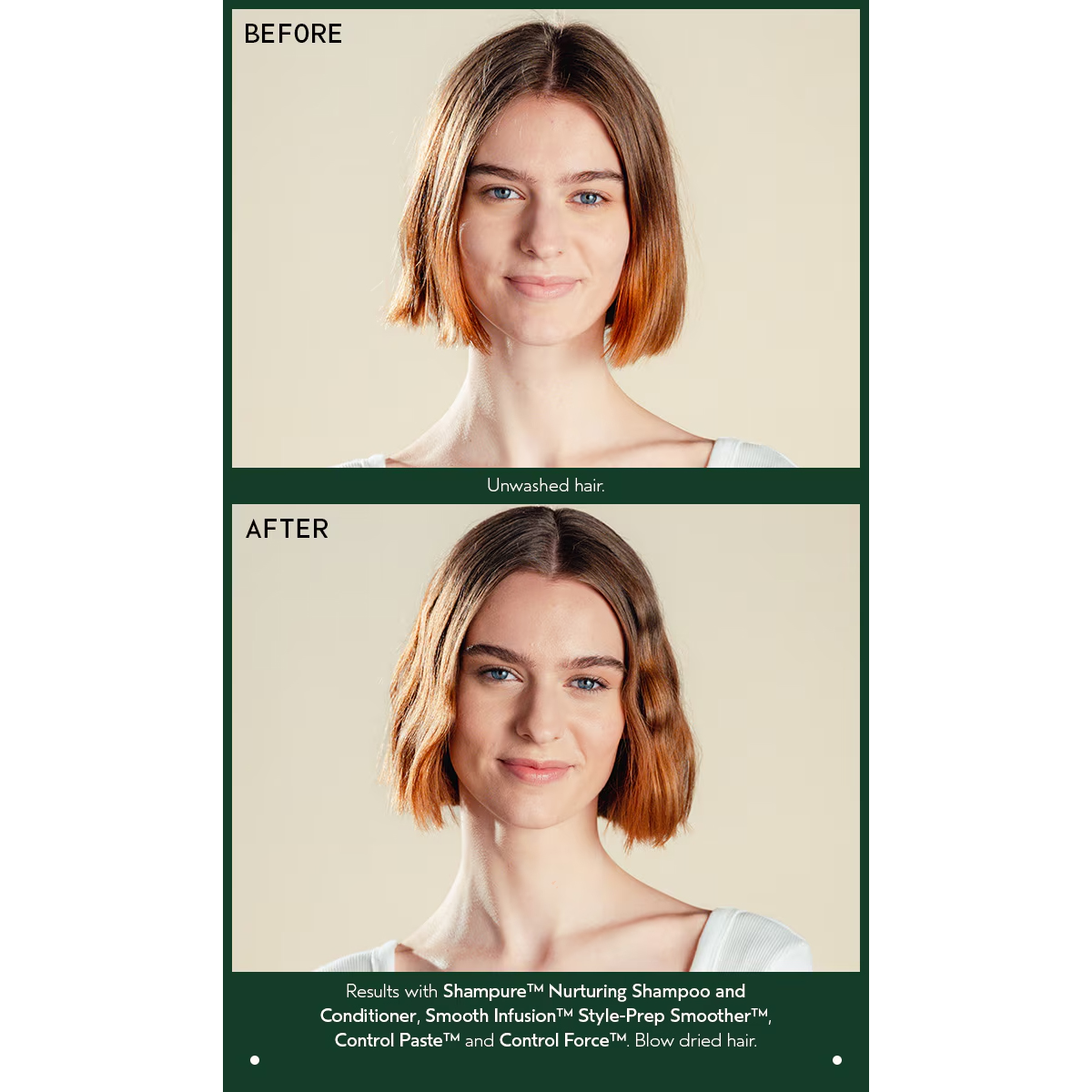 Before and after comparison of a woman with shoulder-length hair, showing unwashed hair compared to blow-dried hair styled with Shampure Nurturing Shampoo. - SAAB Salon Spa | Ottawa On, Canada