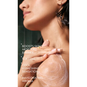 A person applies Rosemary Mint Body Lotion to their shoulder, accompanied by text detailing its moisturizing, softening, cooling, and aromatic benefits. - SAAB Salon Spa | Ottawa On, Canada