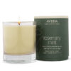 A Rosemary Mint Vegan Soy Wax Candle in a glass jar beside its green cylindrical cardboard box. - SAAB Salon Spa | Ottawa On, Canada