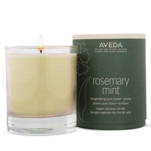 A Rosemary Mint Vegan Soy Wax Candle in a glass jar beside its green cylindrical cardboard box. - SAAB Salon Spa | Ottawa On, Canada