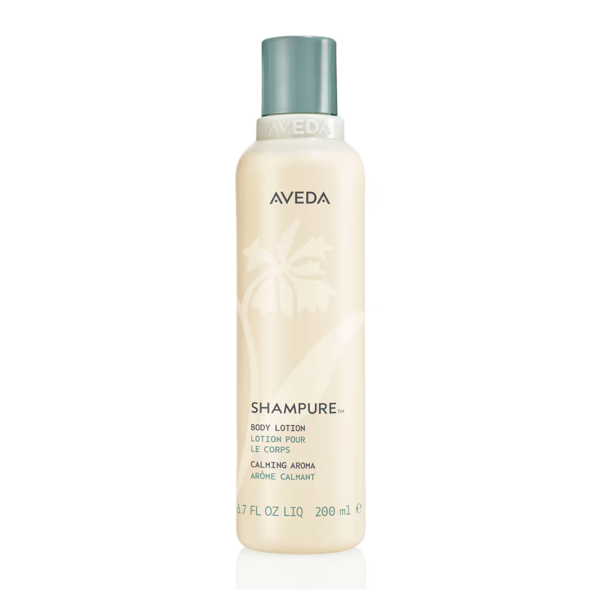 Shampure Body Lotion in a cylindrical bottle with a light green cap and a beige label featuring botanical illustrations and bilingual text. - SAAB Salon Spa | Ottawa On, Canada