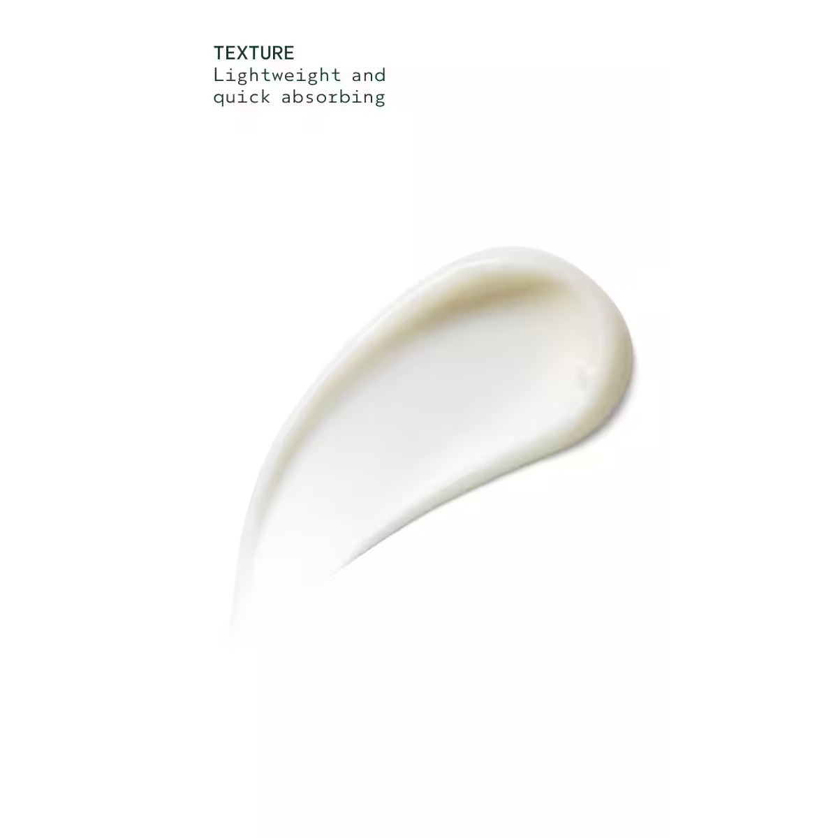 A smear of white Shampure Body Lotion with text above reading: “TEXTURE. Lightweight and quick absorbing.” - SAAB Salon Spa | Ottawa On, Canada
