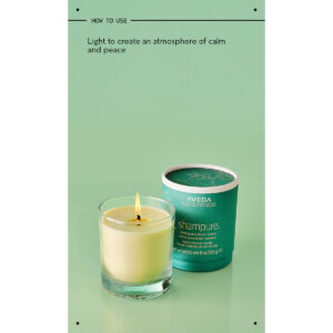 A Shampure Candle in a glass jar next to its cylindrical green cardboard lid on a light green surface, with the text “HOW TO USE: Light to create an atmosphere of calm and peace” above it. - SAAB Salon Spa | Ottawa On, Canada