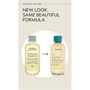 Two bottles of Shampure Composition Oil showing an evolution in packaging design, with the text “NEW LOOK. SAME BEAUTIFUL FORMULA.” above them. - SAAB Salon Spa | Ottawa On, Canada