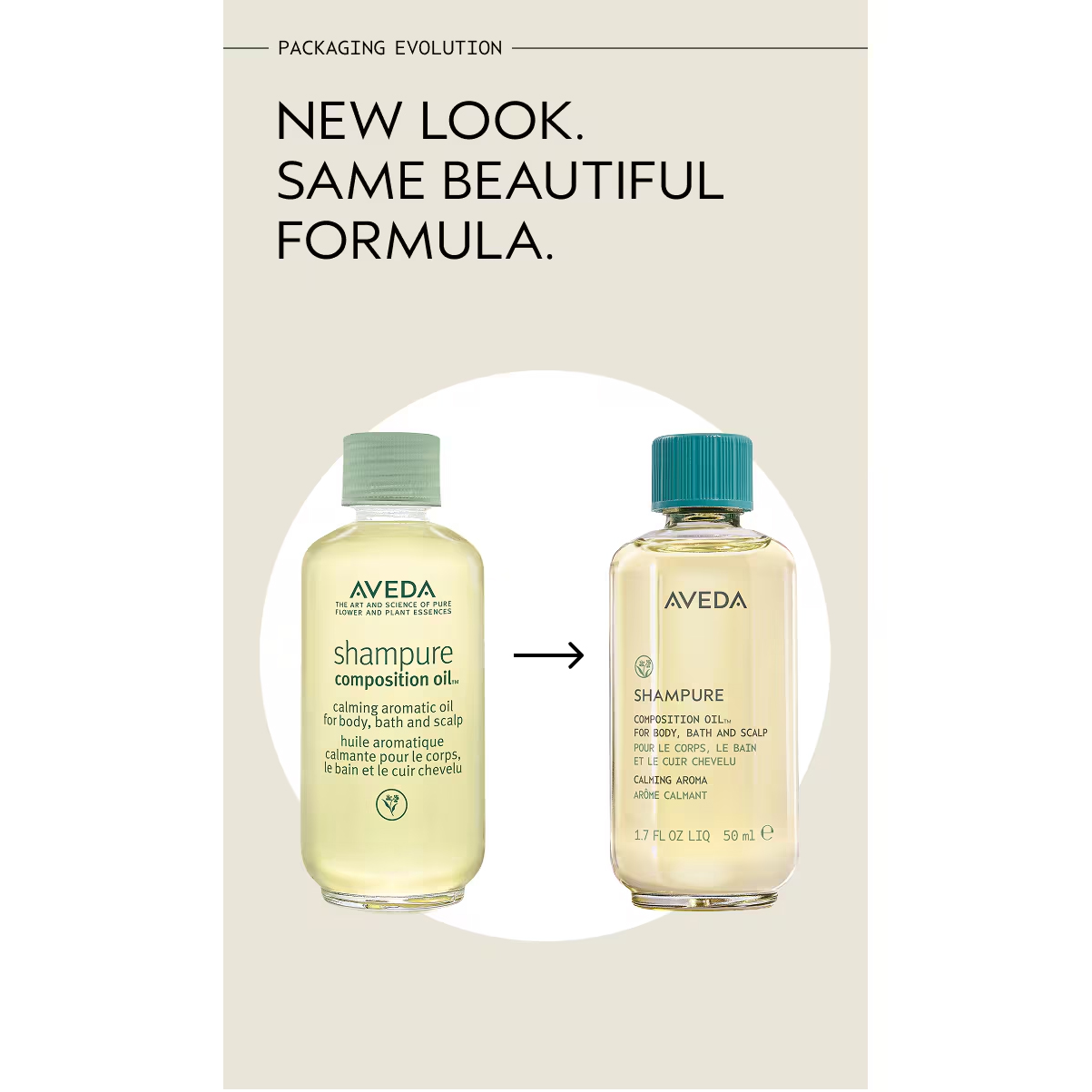 Two bottles of Shampure Composition Oil showing an evolution in packaging design, with the text “NEW LOOK. SAME BEAUTIFUL FORMULA.” above them. - SAAB Salon Spa | Ottawa On, Canada