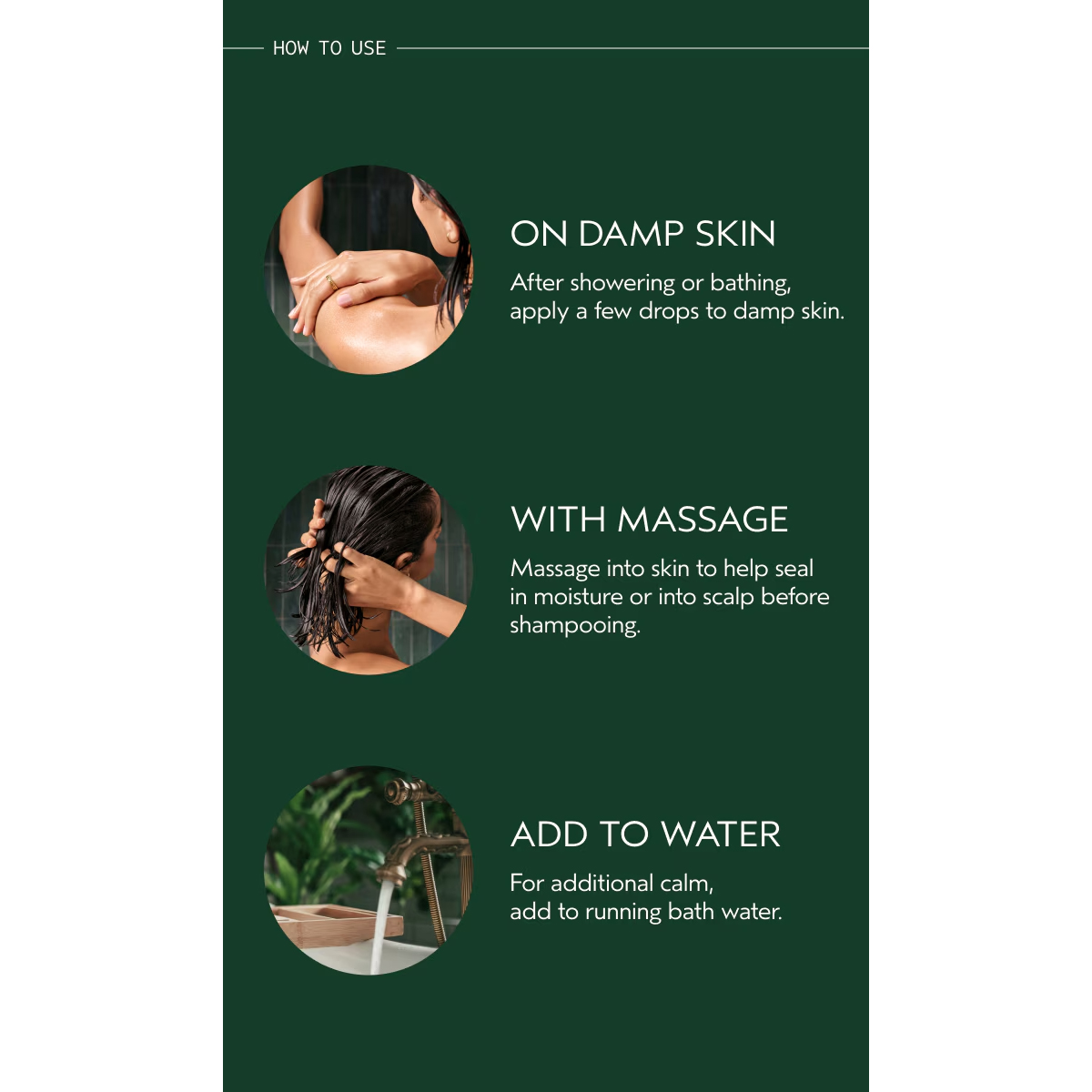 Instructions for Shampure Composition Oil: apply to damp skin after bathing, massage into skin or scalp, or add to bath water. - SAAB Salon Spa | Ottawa On, Canada