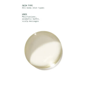 A pool of light yellow Shampure Composition Oil sits below text listing its skin-type compatibility and uses for moisturizer, aromatic baths, and scalp massages. - SAAB Salon Spa | Ottawa On, Canada
