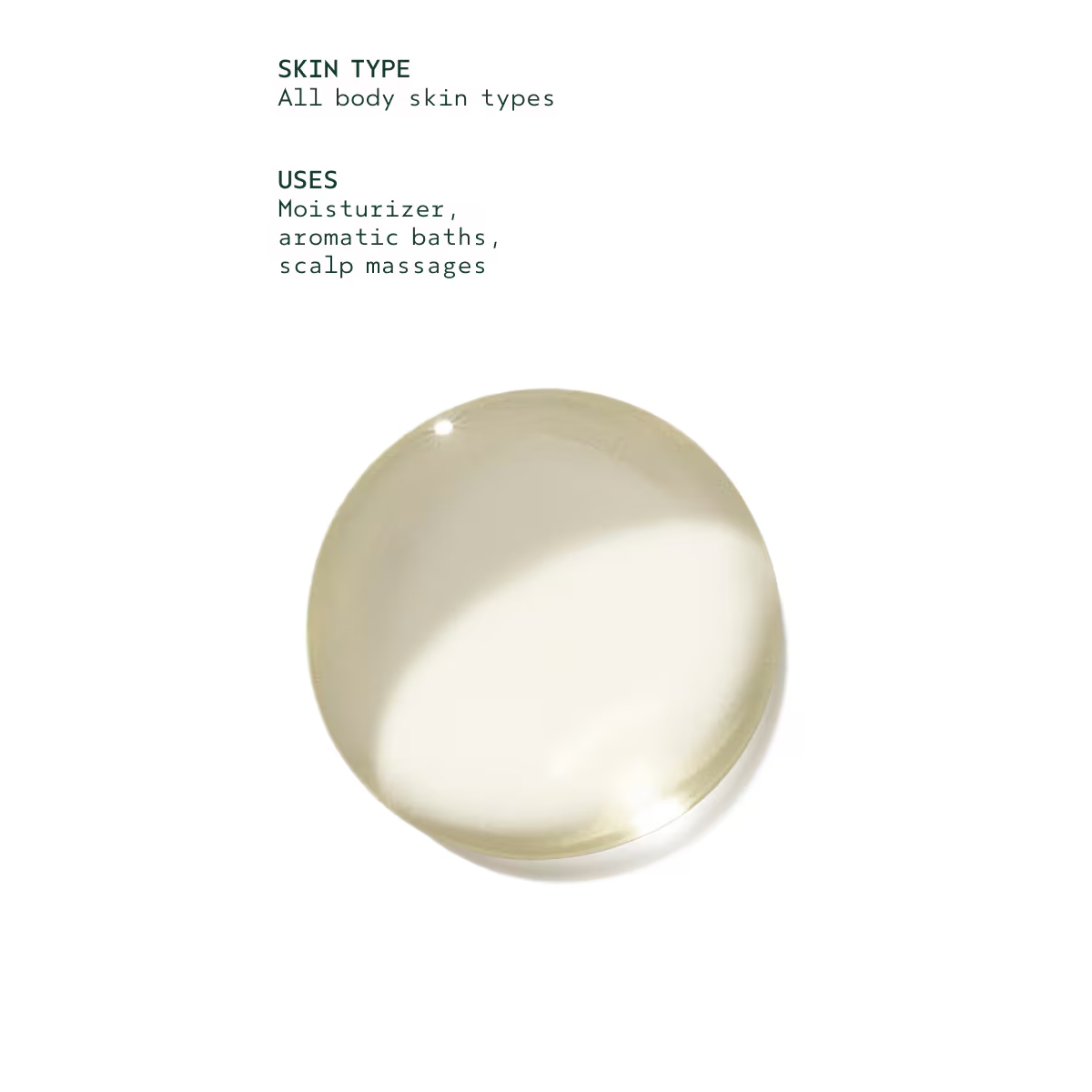 A pool of light yellow Shampure Composition Oil sits below text listing its skin-type compatibility and uses for moisturizer, aromatic baths, and scalp massages. - SAAB Salon Spa | Ottawa On, Canada
