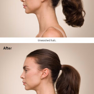 Side profile comparison of a woman with unwashed hair in a ponytail labeled 