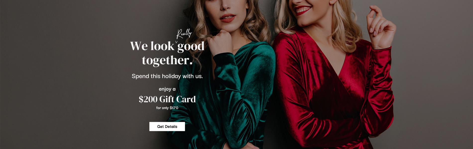 Two people in velvet outfits, one green and one red, with an advertisement for a holiday offer: "$200 Gift Card for only $175. - SAAB Salon Spa | Ottawa On, Canada