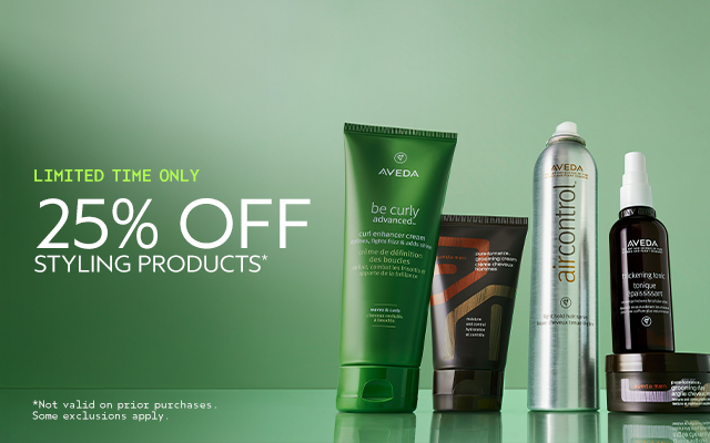 Five Aveda styling products are displayed on a green background with text stating "Limited Time Only, 25% Off Styling Products." Offer details are noted in small print at the bottom. - SAAB Salon Spa | Ottawa On, Canada