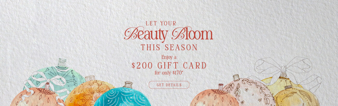 Watercolor illustrations of holiday ornaments with text offering a $200 gift card for $170, and a button labeled "Get Details. - SAAB Salon Spa | Ottawa On, Canada
