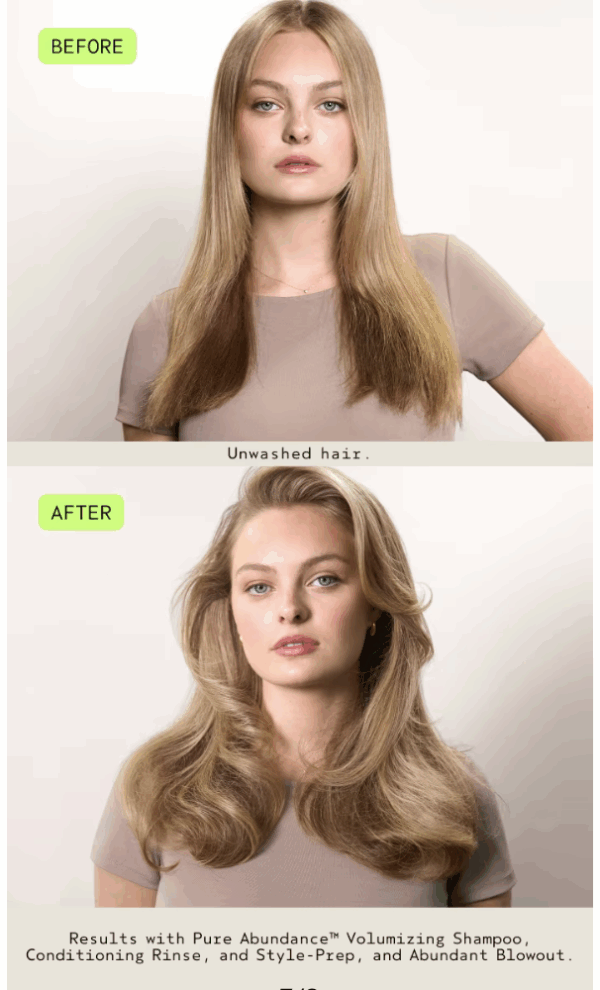 A woman with straight, flat hair labeled "before" and with voluminous, styled hair labeled "after" using Pure Abundance Volumizing Shampoo. - SAAB Salon Spa | Ottawa On, Canada