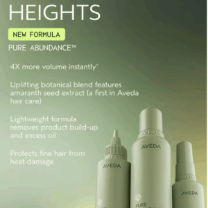 Three bottles of Pure Abundance Volumizing Shampoo are displayed on a green gradient background, with text highlighting features such as added volume, a lightweight formula, and heat protection. - SAAB Salon Spa | Ottawa On, Canada
