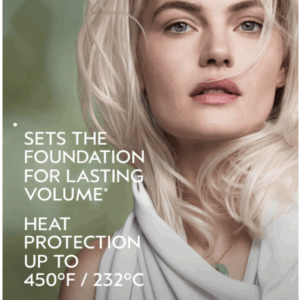 A blonde woman looks at the camera as text highlights the benefits of Pure Abundance Style Prep, offering volumizing effects, heat protection, and instant detangling. - SAAB Salon Spa | Ottawa On, Canada