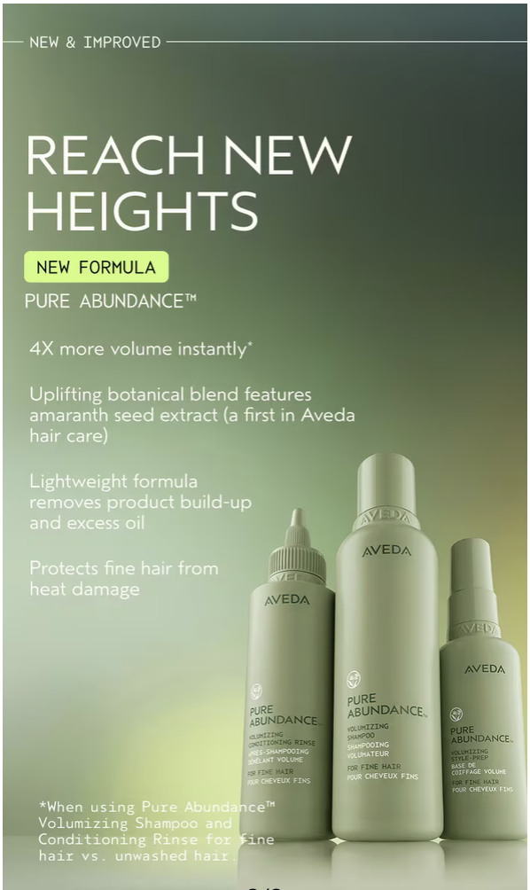 Three green bottles of Pure Abundance Style Prep are displayed on a green background, with product benefits and claims shown in white text. - SAAB Salon Spa | Ottawa On, Canada