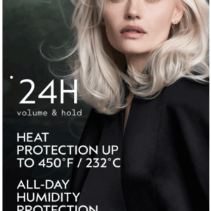 A woman with platinum blonde hair in black poses before a green background. Text: Abundant Blowout All-Over Volumizing Spray—24H volume & hold, heat protection up to 450°F/232°C, and all-day humidity defense. - SAAB Salon Spa | Ottawa On, Canada