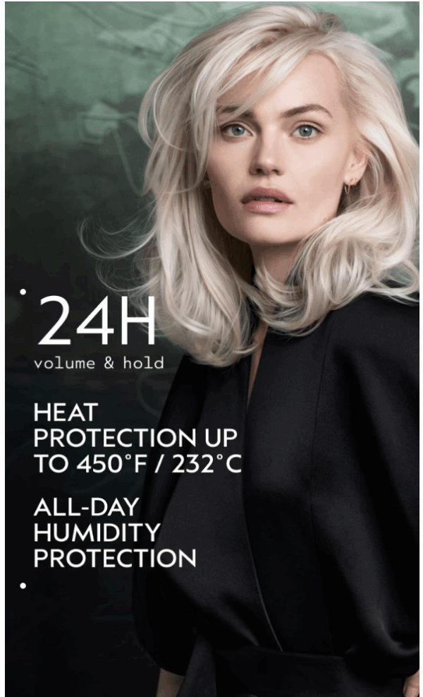 A woman with platinum blonde hair in black poses before a green background. Text: Abundant Blowout All-Over Volumizing Spray—24H volume & hold, heat protection up to 450°F/232°C, and all-day humidity defense. - SAAB Salon Spa | Ottawa On, Canada