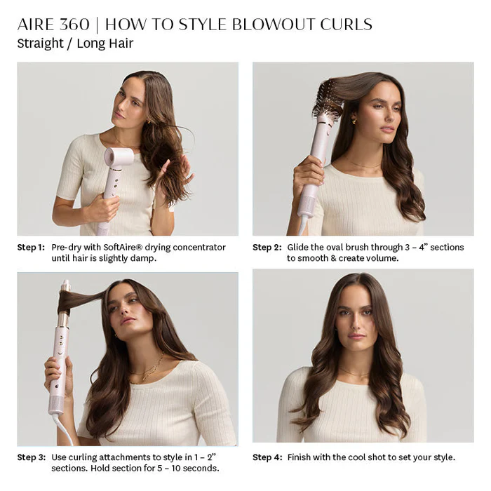 Step-by-step guide showing a woman styling long, straight hair into blowout curls using the T3 Aire360 with drying concentrator and curling attachments. - SAAB Salon Spa | Ottawa On, Canada