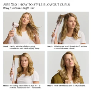 A four-step guide features a woman styling medium-length wavy hair with the T3 Aire360, using its blow dryer and round brush attachments to achieve a blowout curl look. - SAAB Salon Spa | Ottawa On, Canada