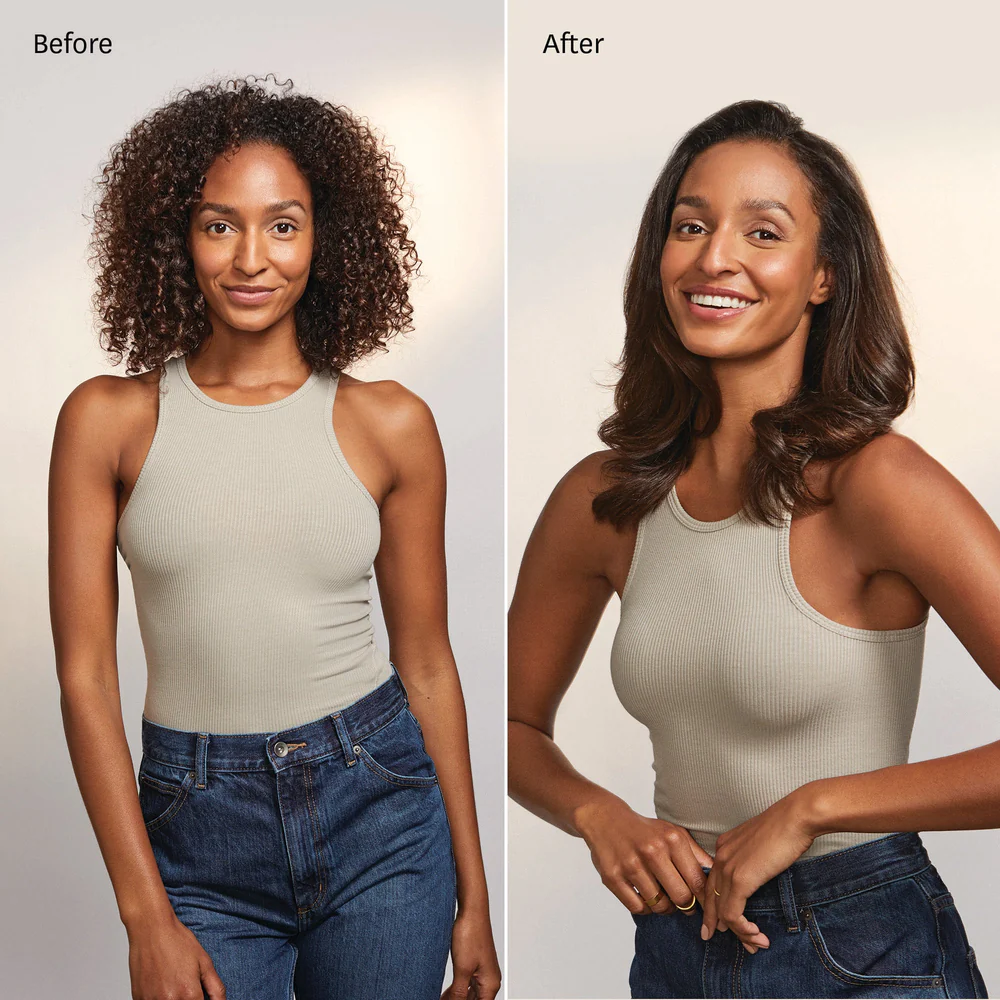 Side-by-side comparison: left image shows a woman with curly hair before styling; right image shows her with smooth, straight hair styled using the T3 Airebrush (Copy). - SAAB Salon Spa | Ottawa On, Canada