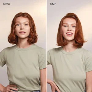 Side-by-side comparison of a woman with red hair before and after using the T3 Airebrush (Copy); hair looks slightly shorter and more styled in the