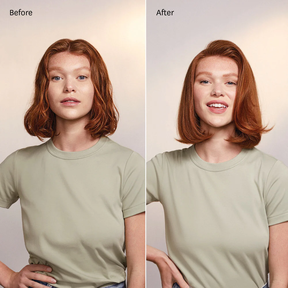 Side-by-side comparison of a woman with red hair before and after using the T3 Airebrush (Copy); hair looks slightly shorter and more styled in the "After" photo. - SAAB Salon Spa | Ottawa On, Canada