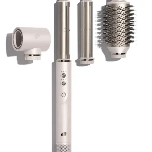 The T3 Aire360 is a white hair styling tool featuring three interchangeable attachments: a concentrator nozzle, a curling barrel, and a round brush. - SAAB Salon Spa | Ottawa On, Canada