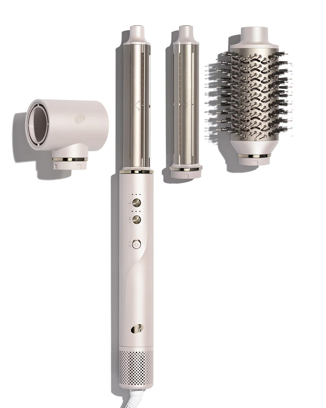 The T3 Aire360 is a white hair styling tool featuring three interchangeable attachments: a concentrator nozzle, a curling barrel, and a round brush. - SAAB Salon Spa | Ottawa On, Canada