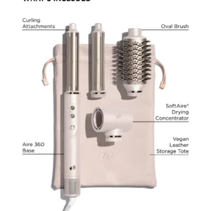 The T3 Aire360 hair styling kit features a curling attachment, two barrels, an oval brush, drying concentrator, base unit, and a vegan leather storage tote—all labeled and arranged neatly on a flat surface. - SAAB Salon Spa | Ottawa On, Canada