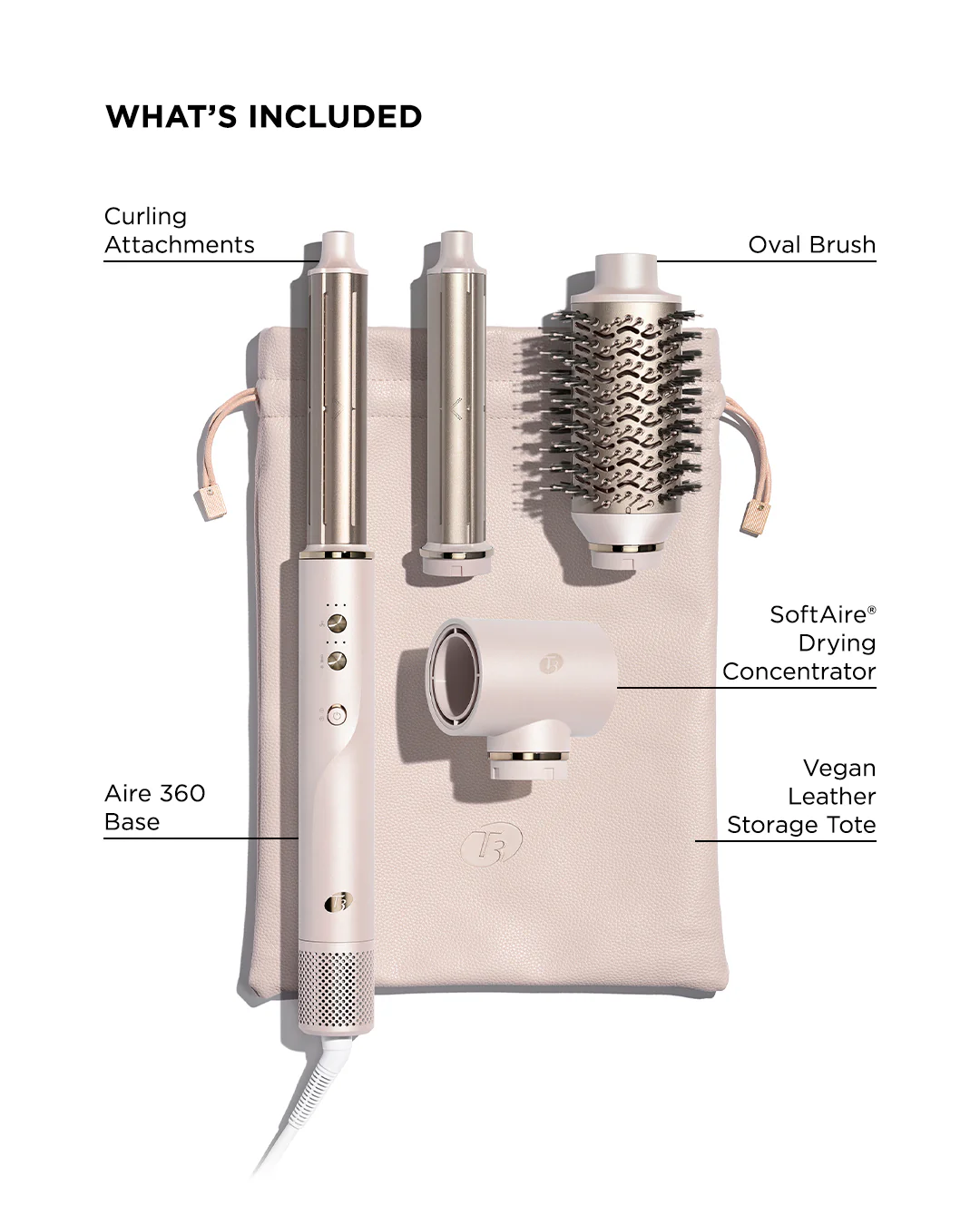 The T3 Aire360 hair styling kit features a curling attachment, two barrels, an oval brush, drying concentrator, base unit, and a vegan leather storage tote—all labeled and arranged neatly on a flat surface. - SAAB Salon Spa | Ottawa On, Canada