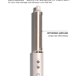 The T3 Aire360 ceramic curling iron attachment is shown upright, highlighting optimized airflow and handle controls. Text above emphasizes zero heat damage and long-lasting curls. - SAAB Salon Spa | Ottawa On, Canada