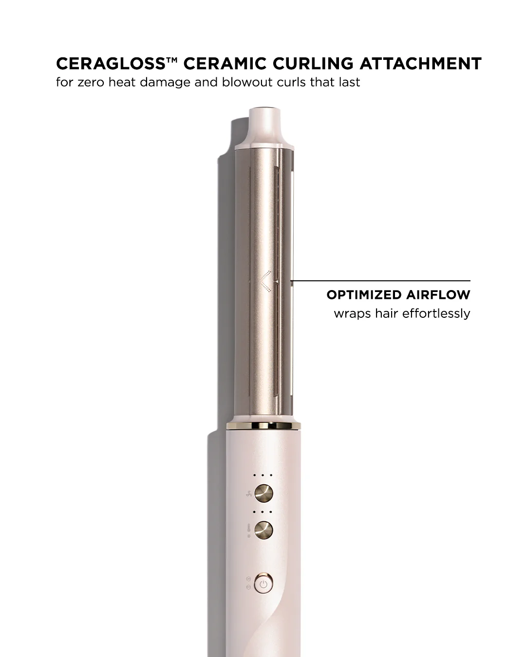 The T3 Aire360 ceramic curling iron attachment is shown upright, highlighting optimized airflow and handle controls. Text above emphasizes zero heat damage and long-lasting curls. - SAAB Salon Spa | Ottawa On, Canada