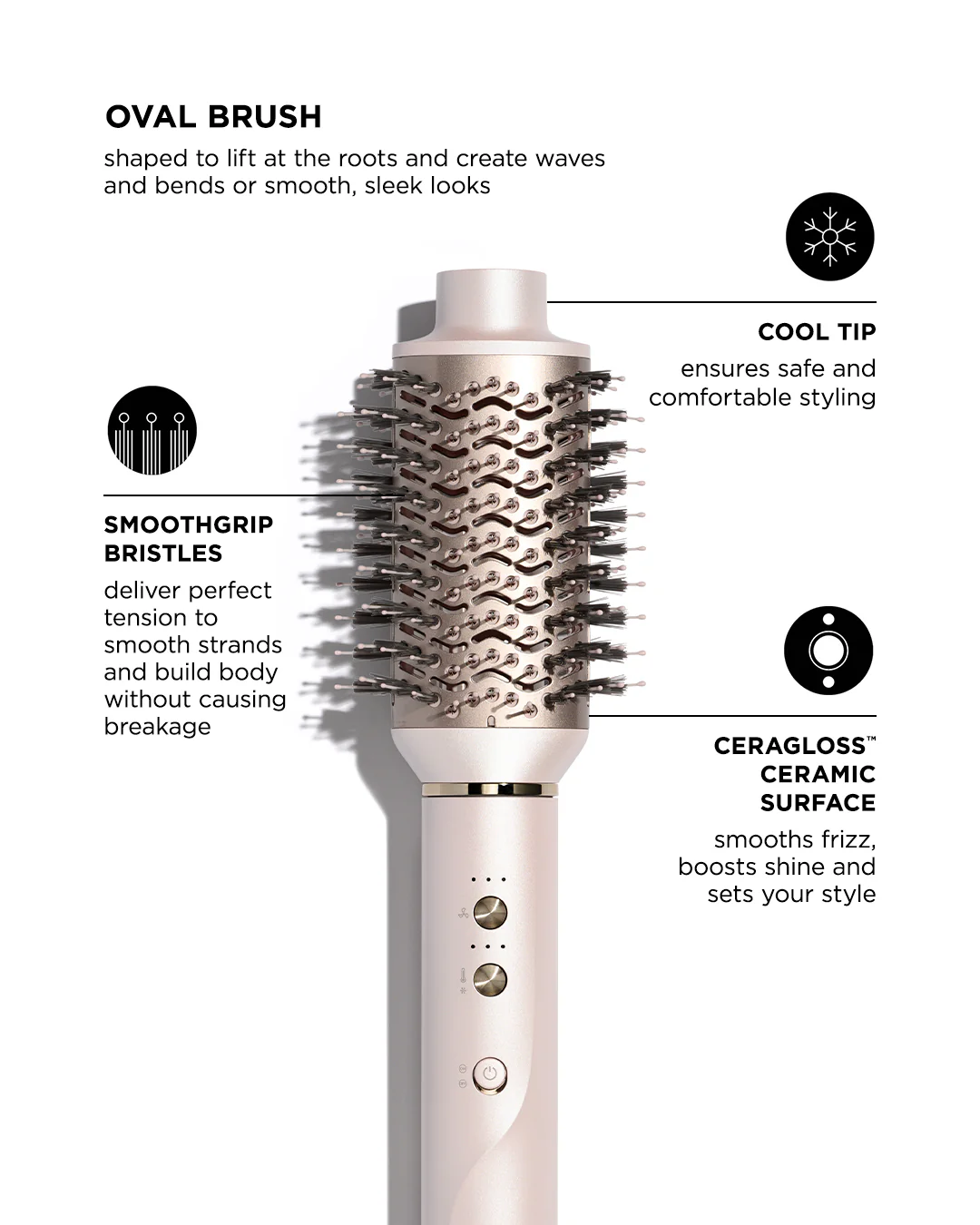The T3 Aire360 is an oval brush tool featuring a cool tip, SmoothGrip bristles, and a Ceragloss ceramic surface to smooth, lift roots, create waves, and reduce frizz. - SAAB Salon Spa | Ottawa On, Canada