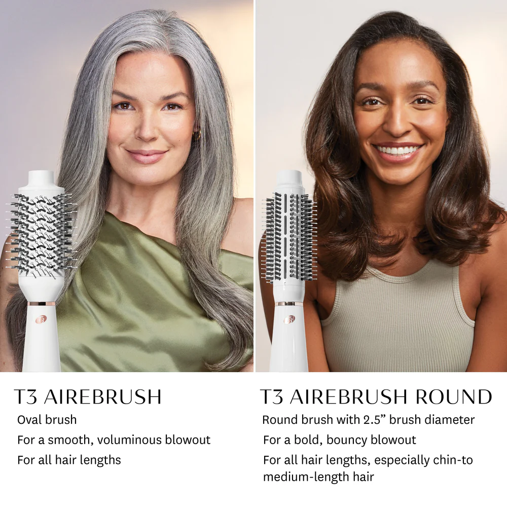 Split image: Left shows a woman with gray hair holding an oval brush; right shows a woman with brown hair holding a round brush. Text describes T3 Airebrush (Copy). - SAAB Salon Spa | Ottawa On, Canada