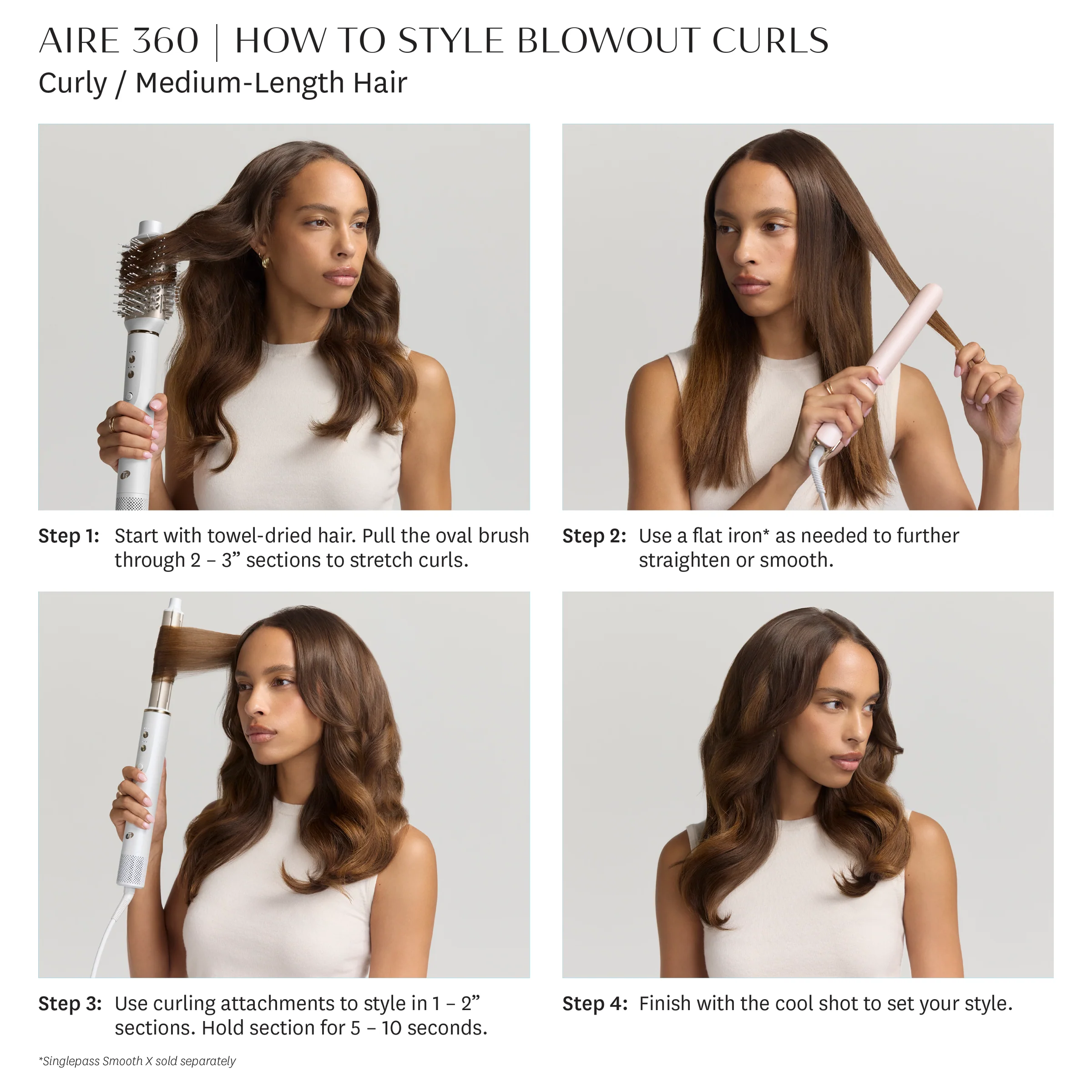 A woman with medium-length hair demonstrates how to create blowout curls in four easy steps using the T3 Aire360. - SAAB Salon Spa | Ottawa On, Canada