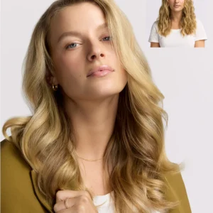 A woman with long, blonde, wavy hair—styled with the T3 Aire360—wears a white shirt and olive blazer; inset shows her hair with softer waves and no blazer, both against a plain background. - SAAB Salon Spa | Ottawa On, Canada