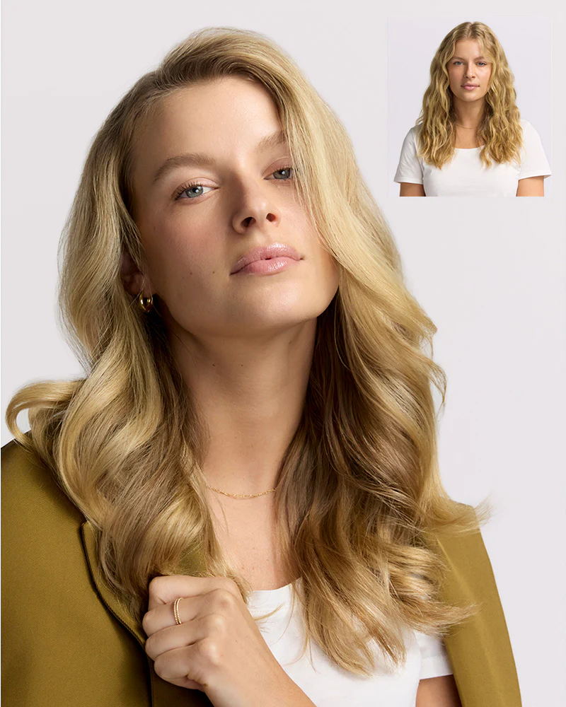 A woman with long, blonde, wavy hair—styled with the T3 Aire360—wears a white shirt and olive blazer; inset shows her hair with softer waves and no blazer, both against a plain background. - SAAB Salon Spa | Ottawa On, Canada