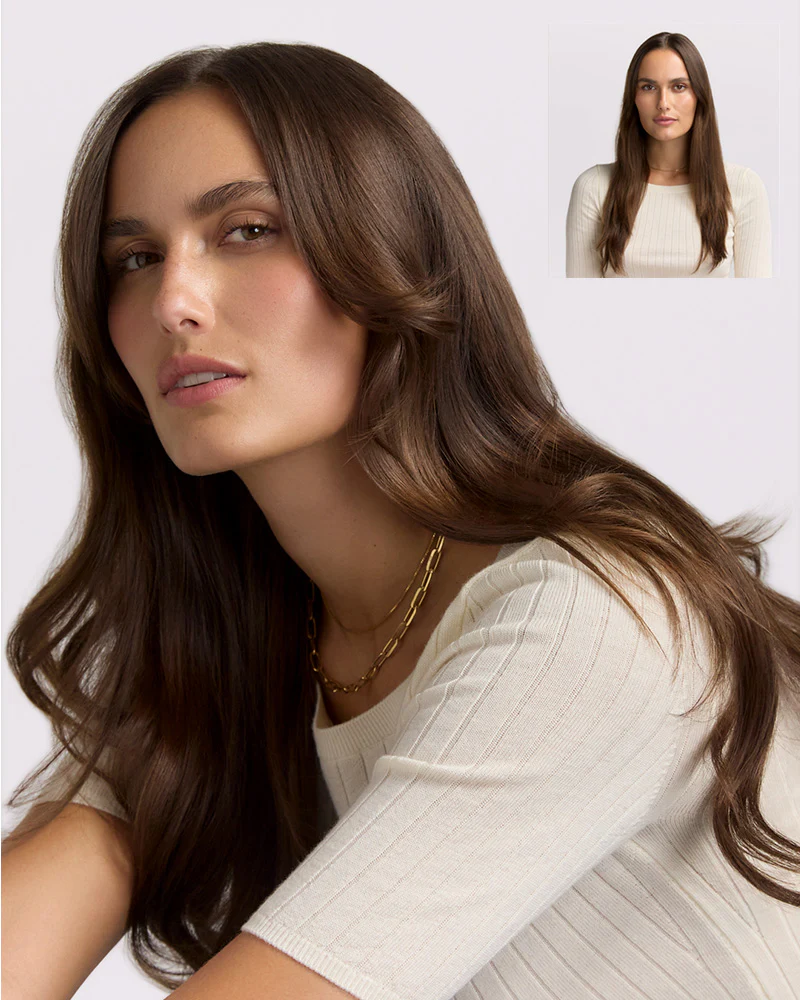 A woman with long, wavy brown hair styled using the T3 Aire360 wears a cream ribbed top and gold chain necklace; an inset shows her facing forward. - SAAB Salon Spa | Ottawa On, Canada