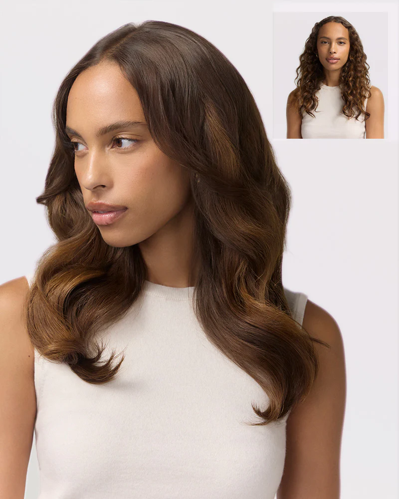 A woman with long, wavy brown hair styled by the T3 Aire360 looks to the side; an inset shows her natural, shorter curls. In both images, she wears a sleeveless cream top. - SAAB Salon Spa | Ottawa On, Canada