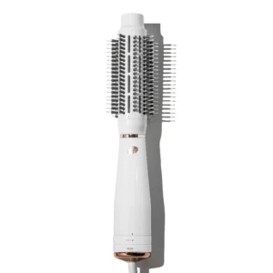The T3 AIREBRUSH ROUND is a white and rose gold electric round brush hair styler with bristles, displayed upright on a white background. - SAAB Salon Spa | Ottawa On, Canada
